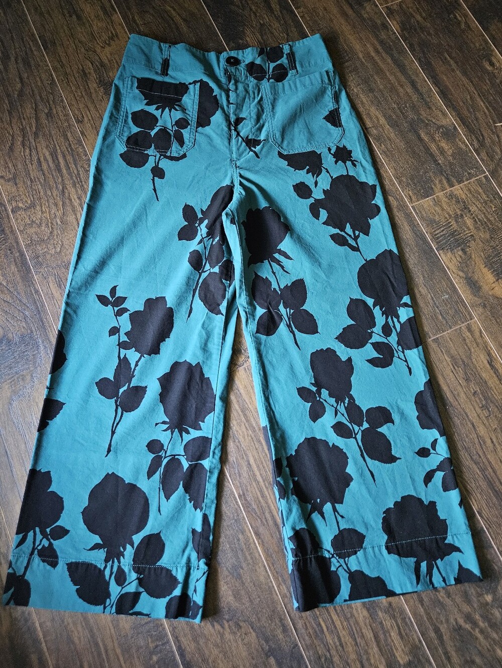 Maeve by Anthropologie Colette Wide Leg Pants Teal Black Rose Print 28P